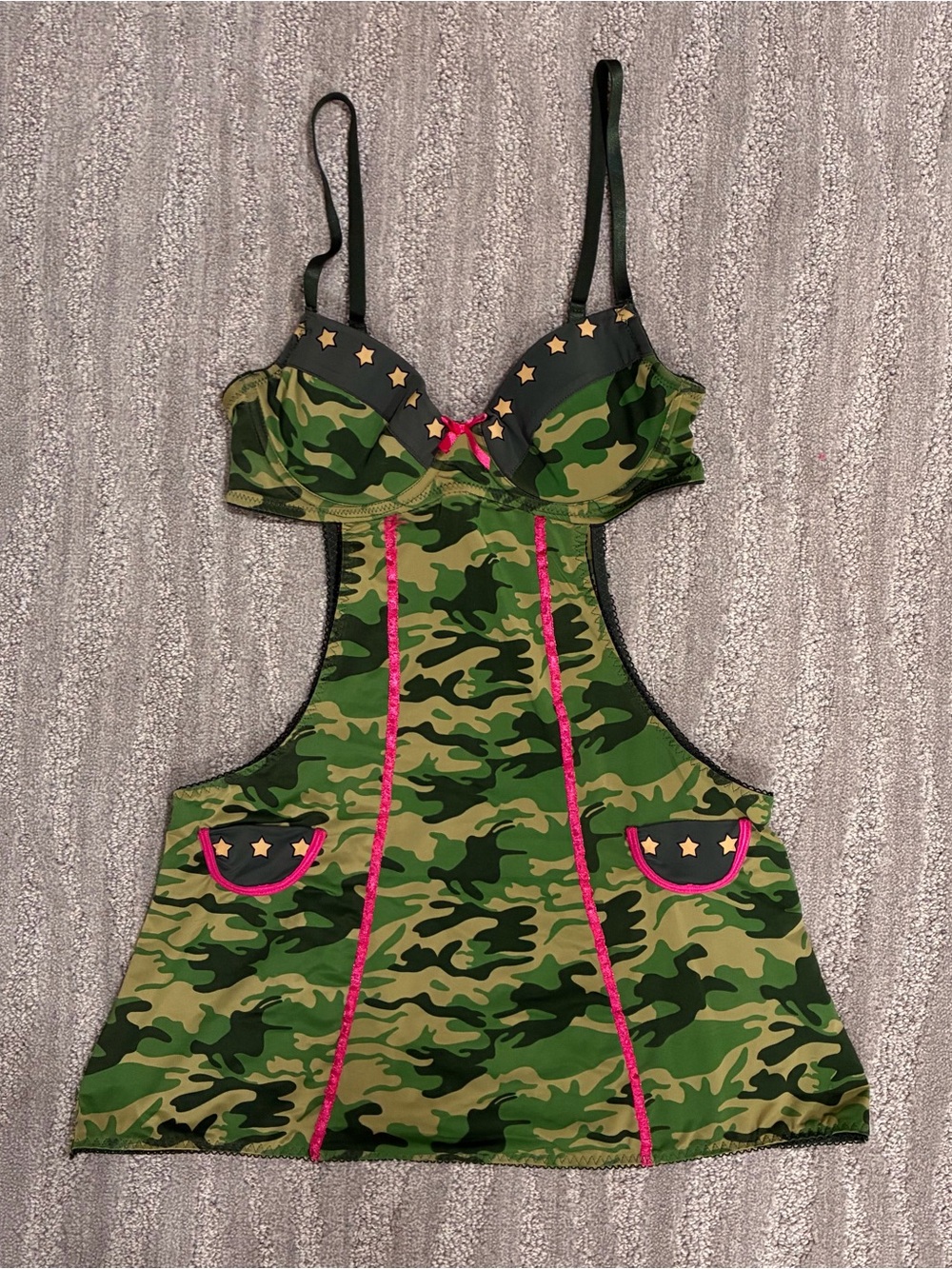 Y2K Rampage Camo Babydoll Mini Dress Cut Out Army Costume Lingerie Women’s Sz S